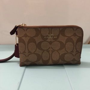 Coach Brown Leather Double-Zipper Wristlet Bag